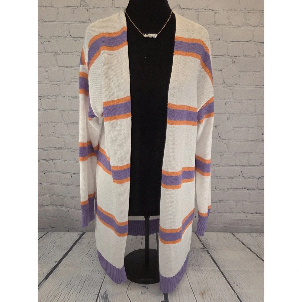 Cardigan Sz S White with Purple/Orange Stripes (see photos of small pull) - Picture 2 of 7